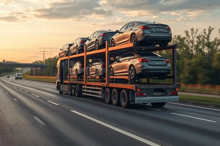 Multi-level car carrier on the highway to Birmingham, Alabama, United States