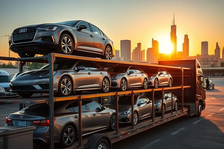 Car transporter loaded with vehicles in Birmingham, Alabama, United States