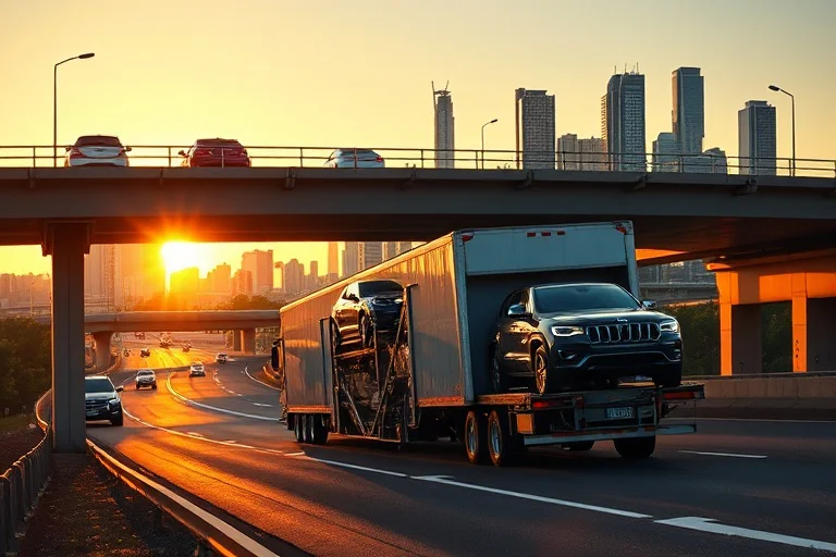 Car transporter with the Birmingham, Alabama, United States skyline behind it