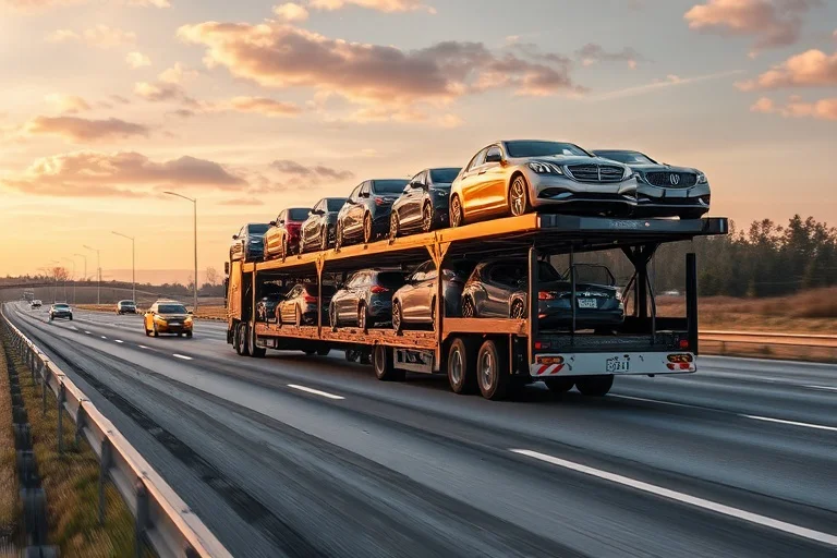 Multi-level car carrier on the highway to Huntsville, Alabama, United States