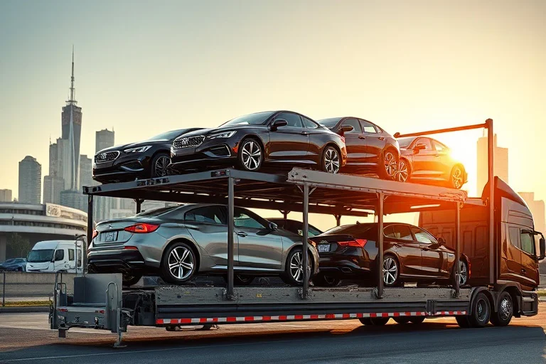Car transporter parked in an industrial area of Huntsville, Alabama, United States