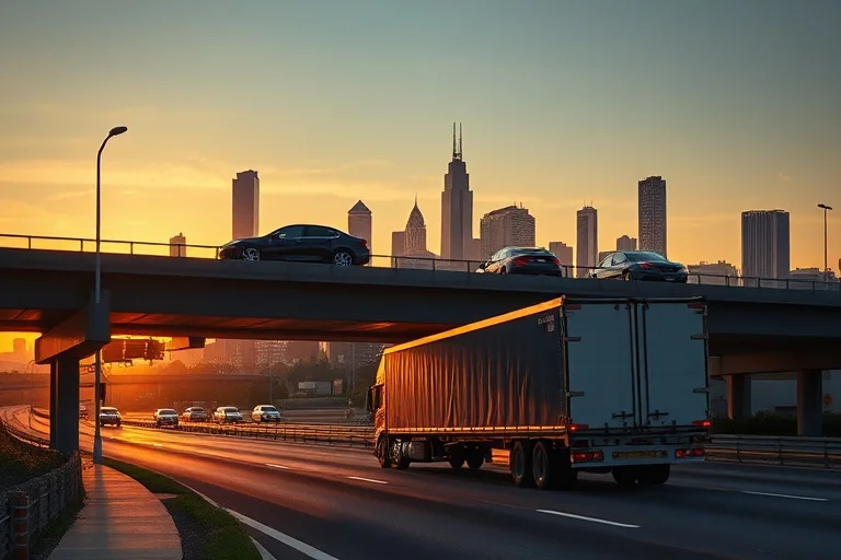 Car transporter with the Huntsville, Alabama, United States skyline behind it
