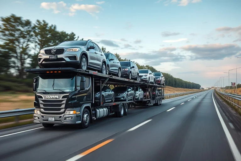 Multi-level car carrier on the highway to Mobile, Alabama, United States