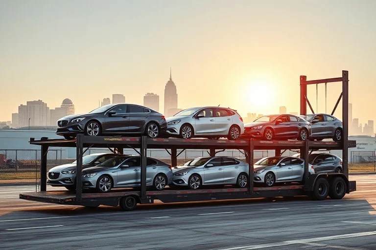 Car transporter parked in an industrial area of Mobile, Alabama, United States