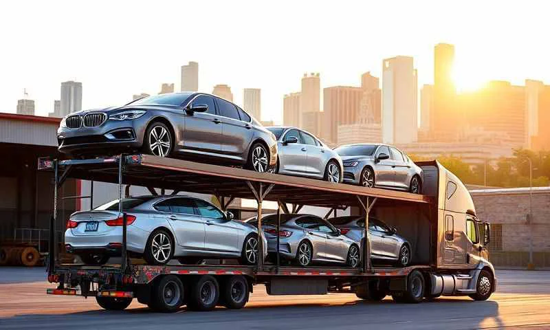Car transporter loaded with vehicles in Mobile, Alabama, United States