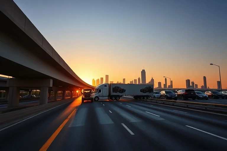 Car transporter with the Mobile, Alabama, United States skyline behind it