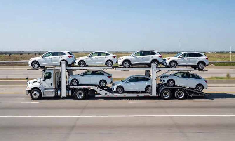 Multi-level car carrier on the highway to Texas, United States