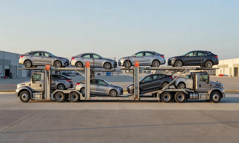 Car transporter parked in an industrial area of Texas, United States