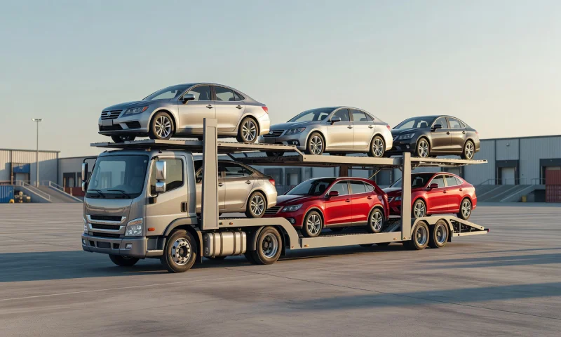 Car transporter loaded with vehicles in Texas, United States