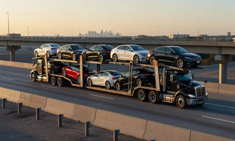 Car transporter with the Texas, United States skyline behind it