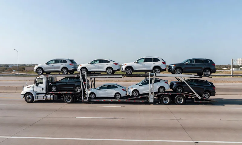 Multi-level car carrier on the highway to Houston, Texas, United States