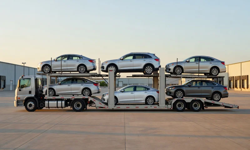 Car transporter parked in an industrial area of Houston, Texas, United States