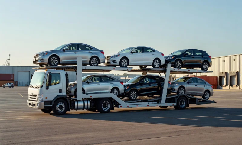 Car transporter loaded with vehicles in Houston, Texas, United States