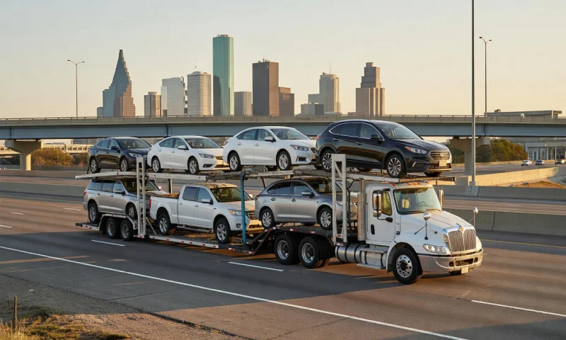 Car transporter with the Houston, Texas, United States skyline behind it
